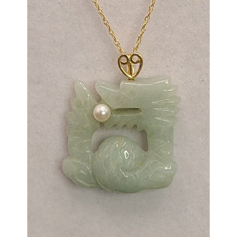 14K Green Jade Dragon With Freshwater Pearl Gold Bale 1" X 1" Pendant